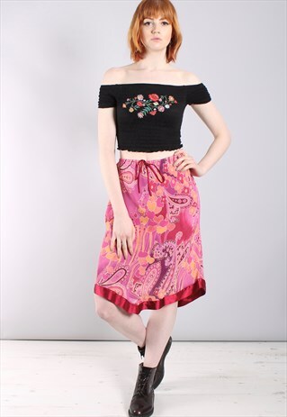 VINTAGE 90S PAISLEY PATTERNED SATIN TRIM MIDI SKIRT