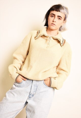 VINTAGE 80'S RETRO NEUTRAL ROLL NECK OVERSIZED KNIT JUMPER
