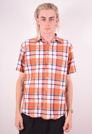 LACOSTE MENS VINTAGE SHIRT MEDIUM ORANGE CHECK 90S