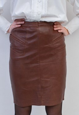 Vintage Women's 70's S Leather Mini Skirt High Waist Brown