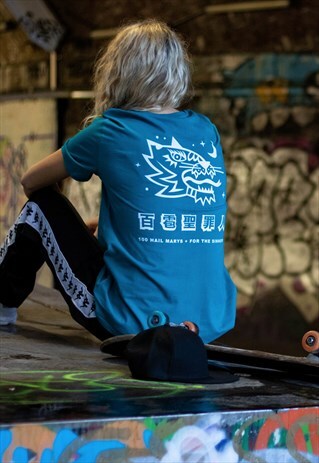 TSHIRT IN TURQUOISE GREEN ORGANIC COTTON WITH GRAPHIC PRINT