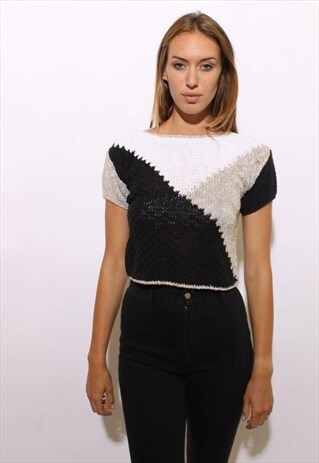 VINTAGE 1980'S 80'S GEOMETRIC LINEN BLEND KNIT TOP S-M
