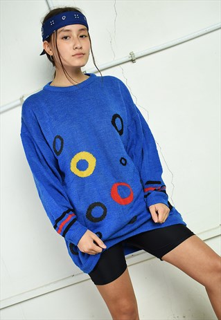 VINTAGE 80'S RETRO ABSTRACT PATTERN JUMPER IN BLUE