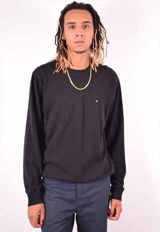TOMMY HILFIGER MENS VINTAGE JUMPER SWEATER LARGE BLACK 90S