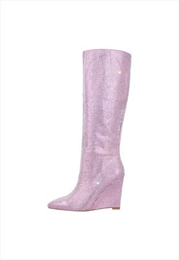 Rhinestone Wedge Heel Knee High Boots