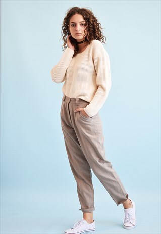 90'S RETRO HIGH WAIST TAPERED NEUTRAL WOOLLEN TROUSERS