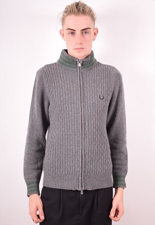 FRED PERRY MENS VINTAGE CARDIGAN SWEATER SMALL GREY 90S