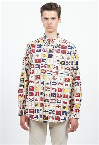 VINTAGE BEIGE RED TOMMY HILFIGER FLAG LONG SLEEVE SHIRT
