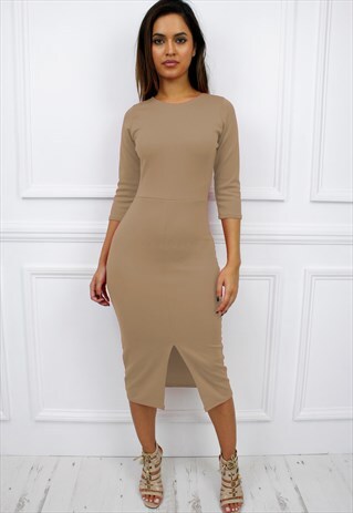 NEW WOMENS LADIES BEIGE 3/4 SLEEVE SLIT BODYCON MIDI DRESS