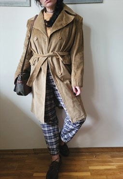 Vintage 90s brown corduroy minimalist belted coat 