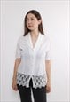 90s v-neck lace blouse, vintage short sleeve button front 