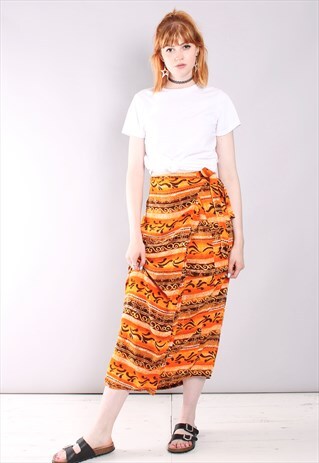 VINTAGE 80S ABSTRACT BOHO PATTERNED WRAP MIDI SKIRT