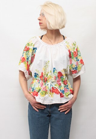 VINTAGE 90' AMAZING CUTE COLORFUL FLOWER WHITE BLOUSE