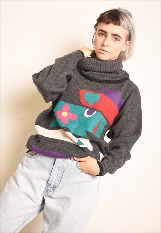 90S ROLL NECK GRAPCHIC PATTERN KNIT JUMPER IN MULTICOLOUR