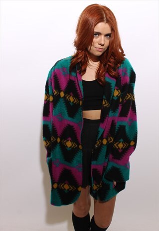 VINTAGE 1980'S 80'S SOUTHWESTERN FLEECE JACKET CARDIGAN XXL