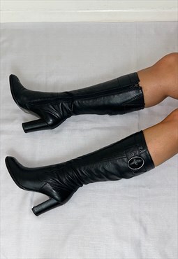 Vintage Black Real Leather Knee High Boots