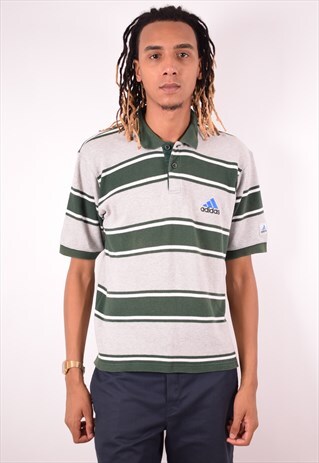 ADIDAS MENS VINTAGE POLO SHIRT MEDIUM GREEN STRIPES 90S