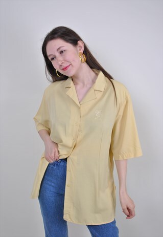 80S YELLOW MINIMALIST BLOUSE, FLOWERS EMBROIDERY SHIRT