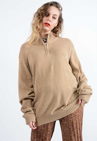 VINTAGE IZOD 1/4 ZIP KNITTED JUMPER BEIGE