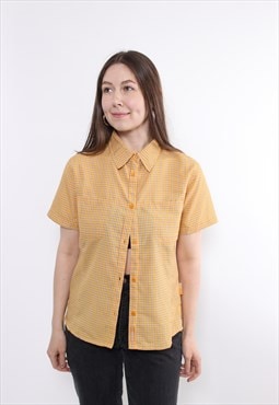 90s orange color utility shirt, vintage woman short sleeve 