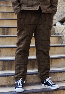 Brown Retro Premium wool Checked fabric trousers Pants Y2k