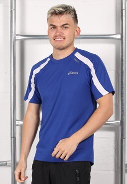 Vintage Asics T-Shirt in Blue Crewneck Sports Tee Small