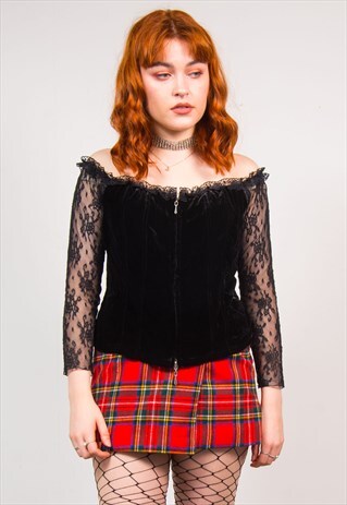 VINTAGE 90'S BLACK VELVET & LACE GOTHIC OFF THE SHOULDER TOP