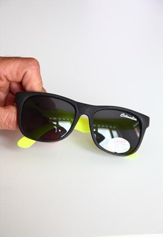 VINTAGE BLACK FRAME, YELLOW TEMPLES, DARK GREY LENSES.