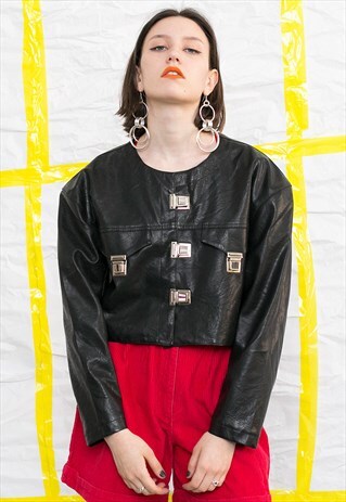 VINTAGE 80S BLACK SHORT FAUX LEATHER JACKET