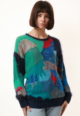 80S VINTAGE MULTI PARTY HANDKNITTED WOOL JUMPER 1083