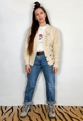 VINTAGE 70'S CREAM FLORAL EMBROIDERED CARDIGAN