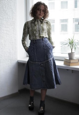 VINTAGE 80'S MIDI BLUE ACID WASH DENIM SKIRT