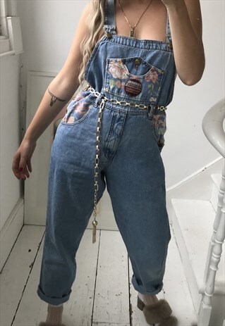VINTAGE 80S BLUE DENIM DUNGAREES WITH FLORAL DETAIL