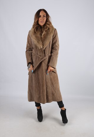 VINTAGE SUEDE 'SHEEPSKIN STYLE' COAT MID LONG UK 12 (J2I)