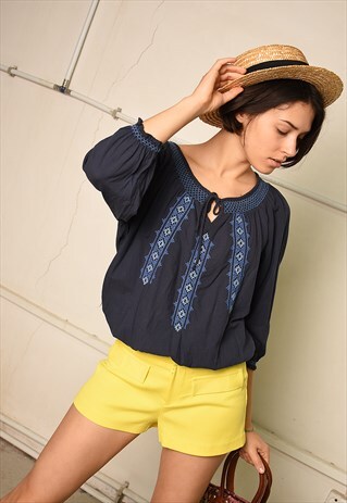 Y2K RETRO EMBROIDERED BOHO KEYHOLE PARIS CHIC TUNIC TOP