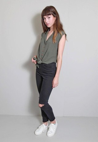 VINTAGE 1990'S ARMY GREEN CROPPED SLEEVELESS TIE UP SHIRT