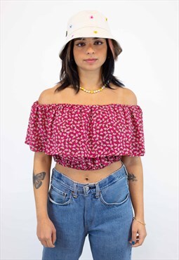 Reworked Vintage Red Floaty Off The Shoulder Top, Size S