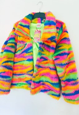 Funky rainbow tiger faux fur cropped festival jacket  