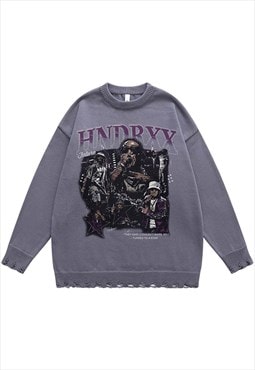 Future sweater knit distressed jumper rapper print top grey