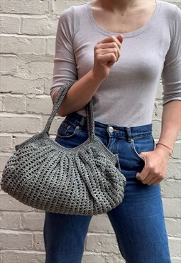 Glittery Silver & Black Crochet Fabric Handbag