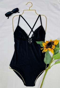 Vintage 90's Black Lace Detail Crossover Back Swimsuit