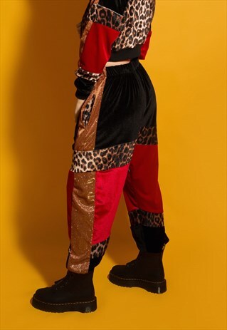 LEOPARD X RED VELVET PANELLED TRACKSUIT BOTTOMS