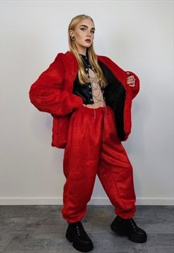 Red faux fur joggers winter raver pants fluffy ski trousers