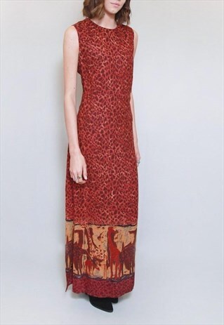 VINTAGE 1980'S KARIN STEVENS RED LEOPARD PRINT MAXI DRESS