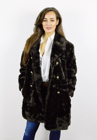 VINTAGE 80S DARK BROWN TEDDY BEAR FAUX FUR COAT