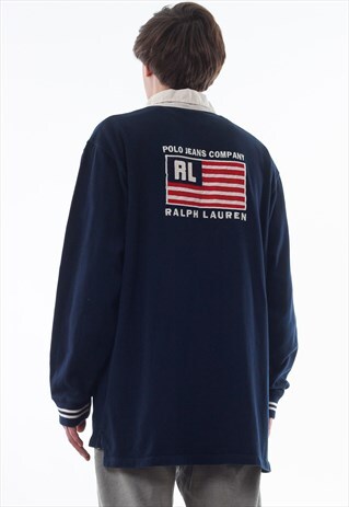 VINTAGE POLO JEANS RALPH LAUREN RUGBY POLO SHIRT 90S BLUE