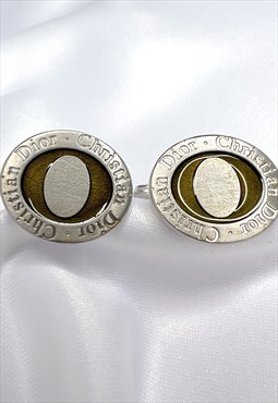 Christian Dior Cufflinks Silver Logo Monogram Khaki Vintage
