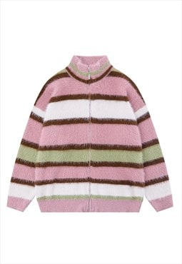 Fluffy track top striped zip up jumper raised neck pullover 