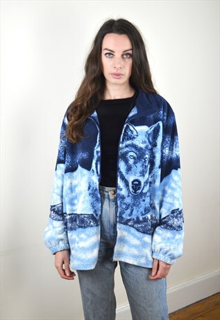1990S VINTAGE BLUE WOLD PRINT FULL ZIP FLEECE JACKET
