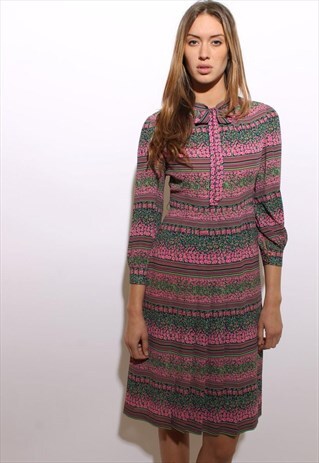 VINTAGE 1960'S 60'S FLORAL STRIPE MIDI DRESS LONG SLEEVE S-M